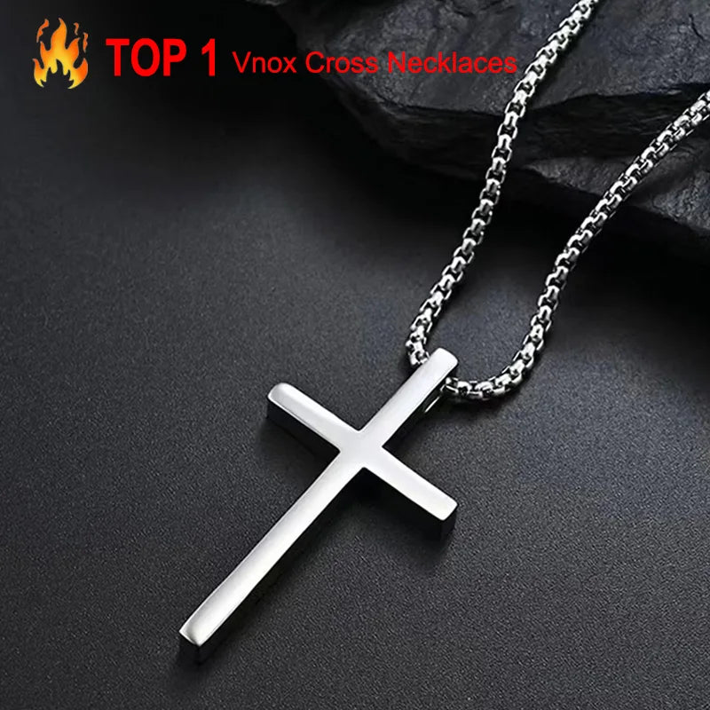 Vnox Cross Necklace for Men Women, Silver Color Plain Alloy Metal Cross Pendant Collar with Stainless Steel Box Chain