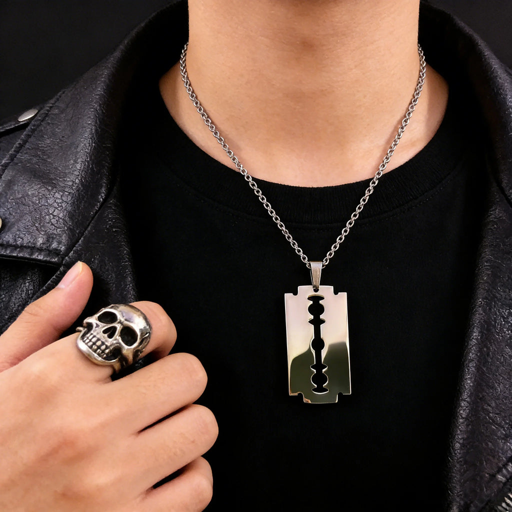 Hiphop Razor Blade Pendant Necklace Men Stainless Steel Male Knife Razorblade Shaver Shape Chain Jewelry N443S01