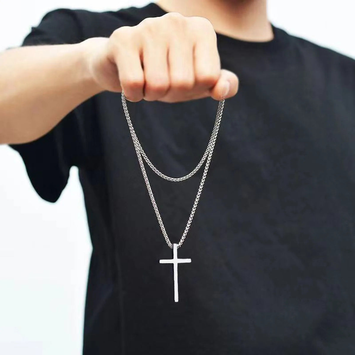 Vnox Cross Necklace for Men Women, Silver Color Plain Alloy Metal Cross Pendant Collar with Stainless Steel Box Chain
