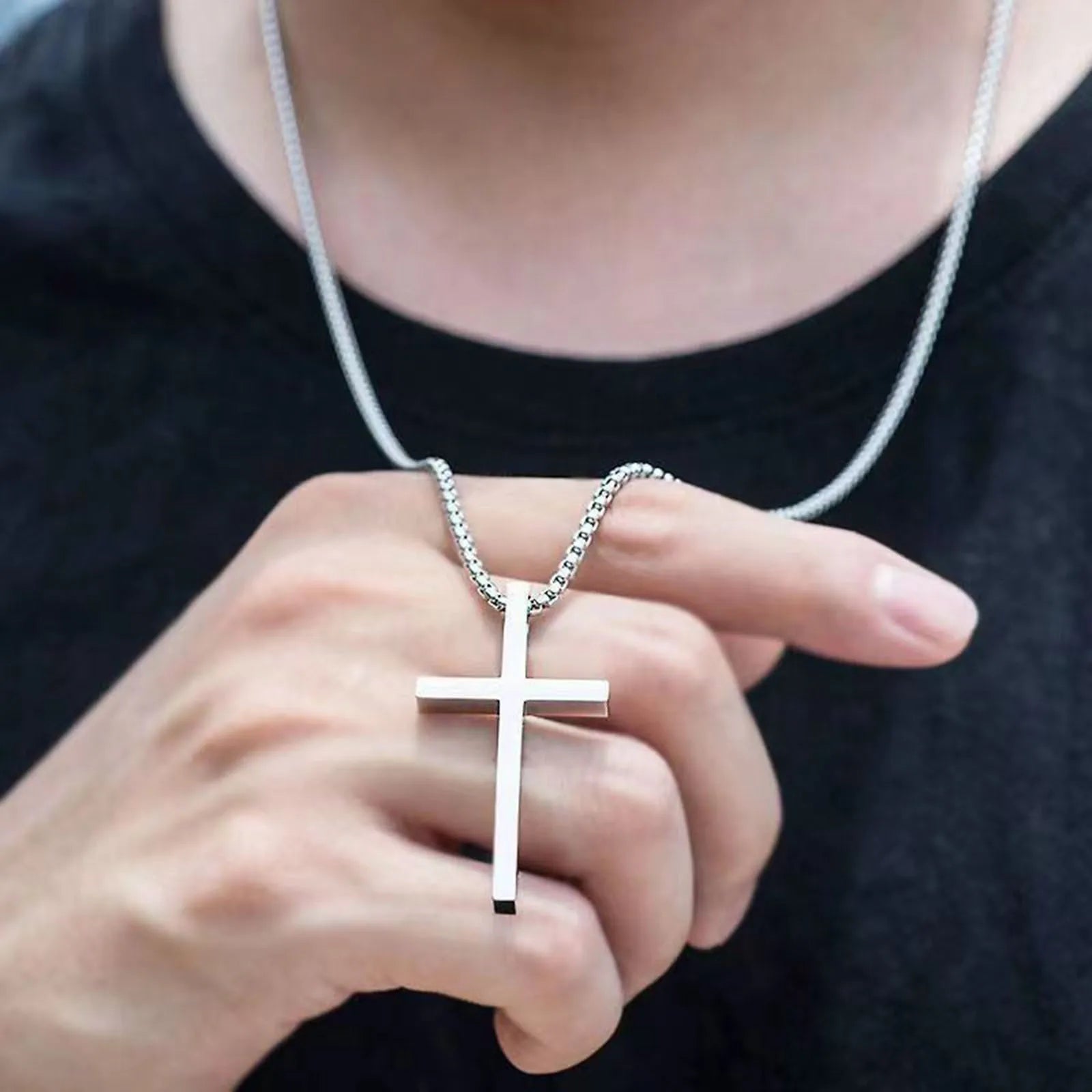 Vnox Cross Necklace for Men Women, Silver Color Plain Alloy Metal Cross Pendant Collar with Stainless Steel Box Chain