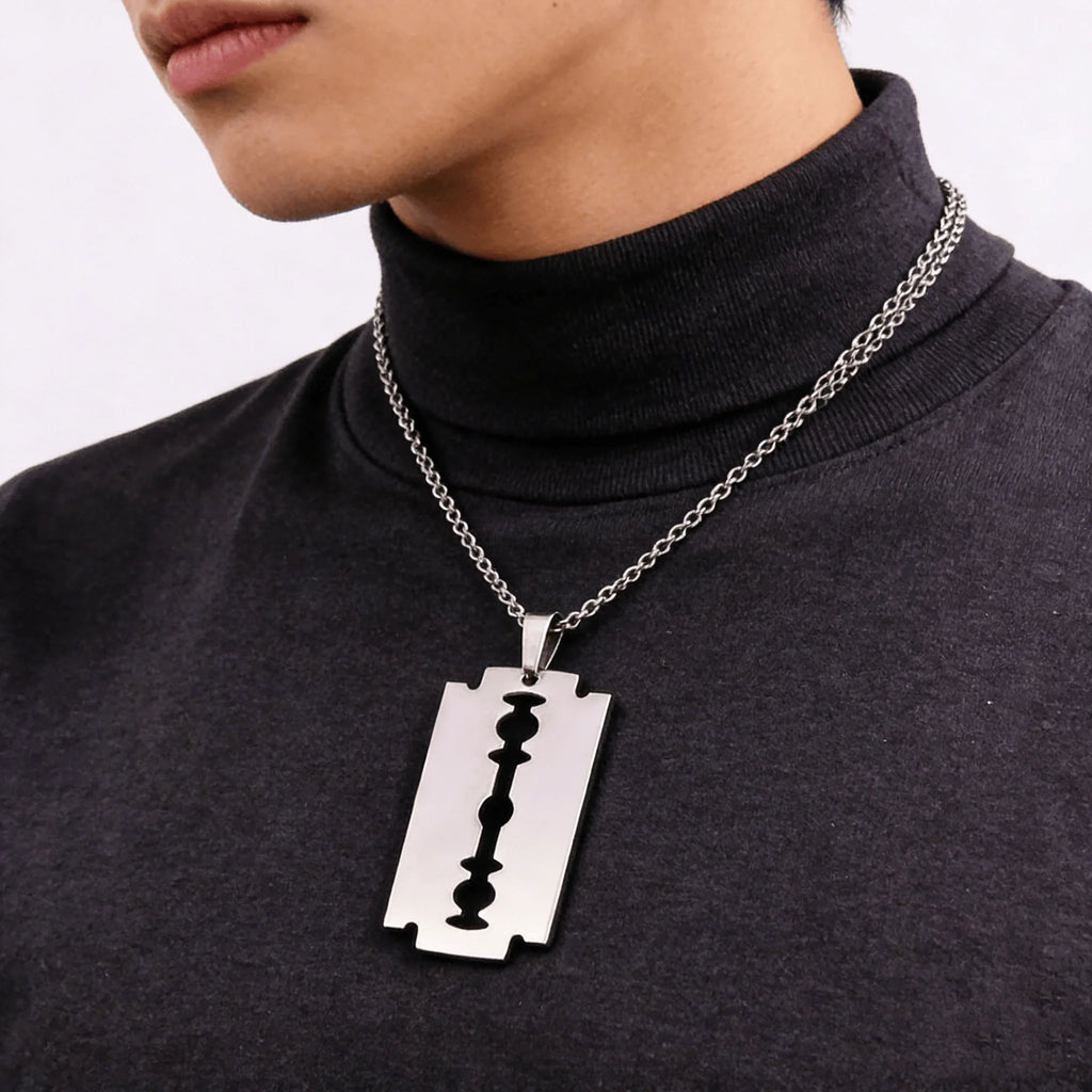 Hiphop Razor Blade Pendant Necklace Men Stainless Steel Male Knife Razorblade Shaver Shape Chain Jewelry N443S01