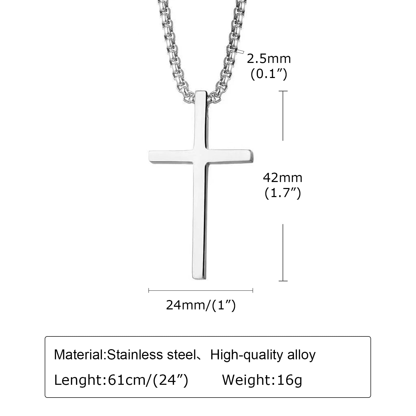 Vnox Cross Necklace for Men Women, Silver Color Plain Alloy Metal Cross Pendant Collar with Stainless Steel Box Chain