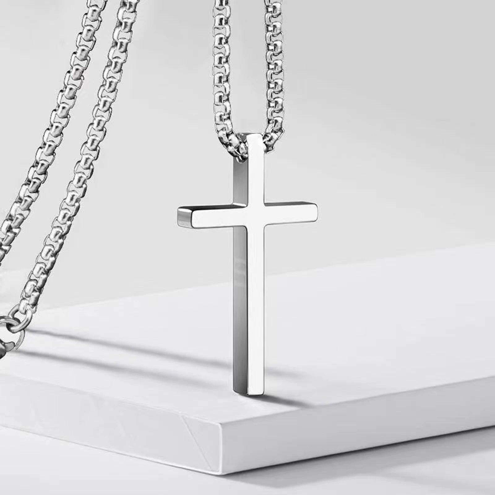 Vnox Cross Necklace for Men Women, Silver Color Plain Alloy Metal Cross Pendant Collar with Stainless Steel Box Chain